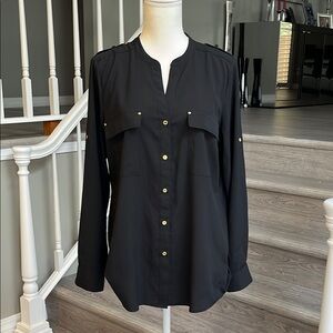 Calvin Klein Gold and Black Long Sleeve Blouse with Mandarin Collar